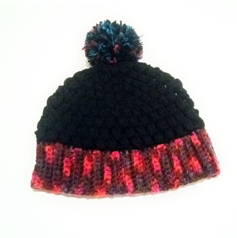 Handmade Black Puff Stitch Hat with Pom